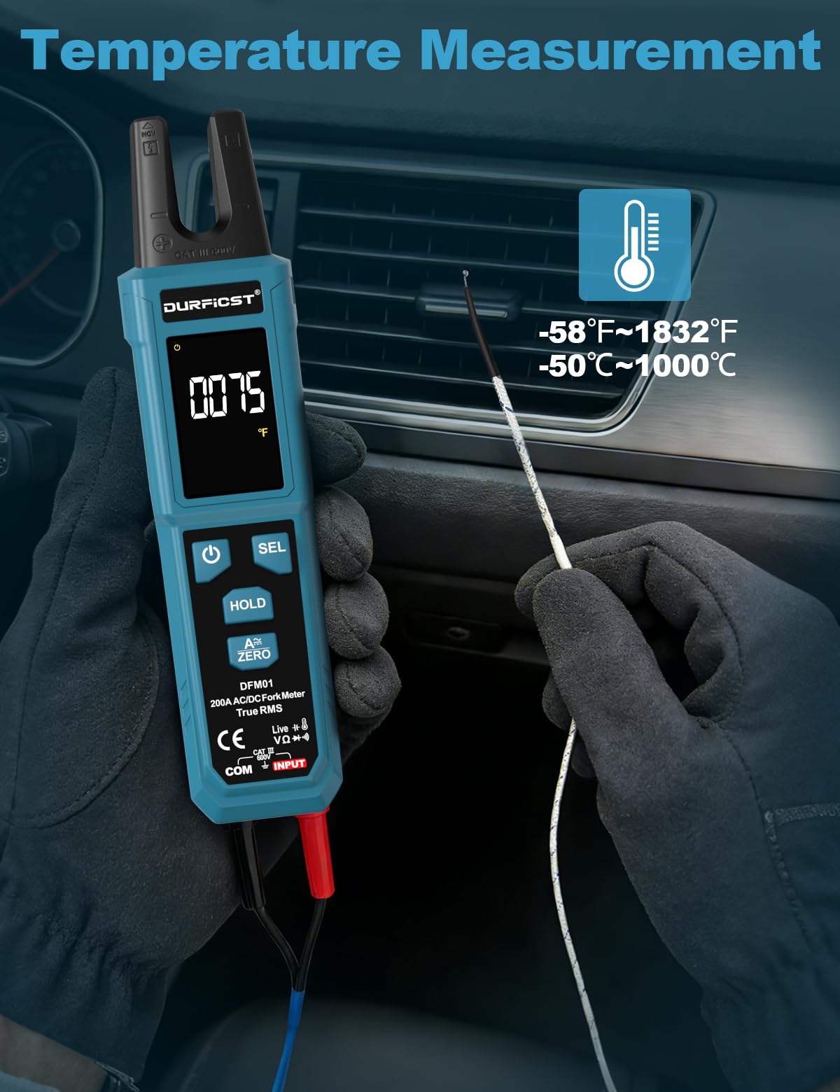 Stromzange, DURFICST Digitale Strommesszange TRMS 4000 Counts, Zangenamperemeter mit 200A AC/DC-Strom- und 600V Spannungsmessung, NCV, Kapazitätsmessung, Durchgangsprüfung, Temperaturmessung