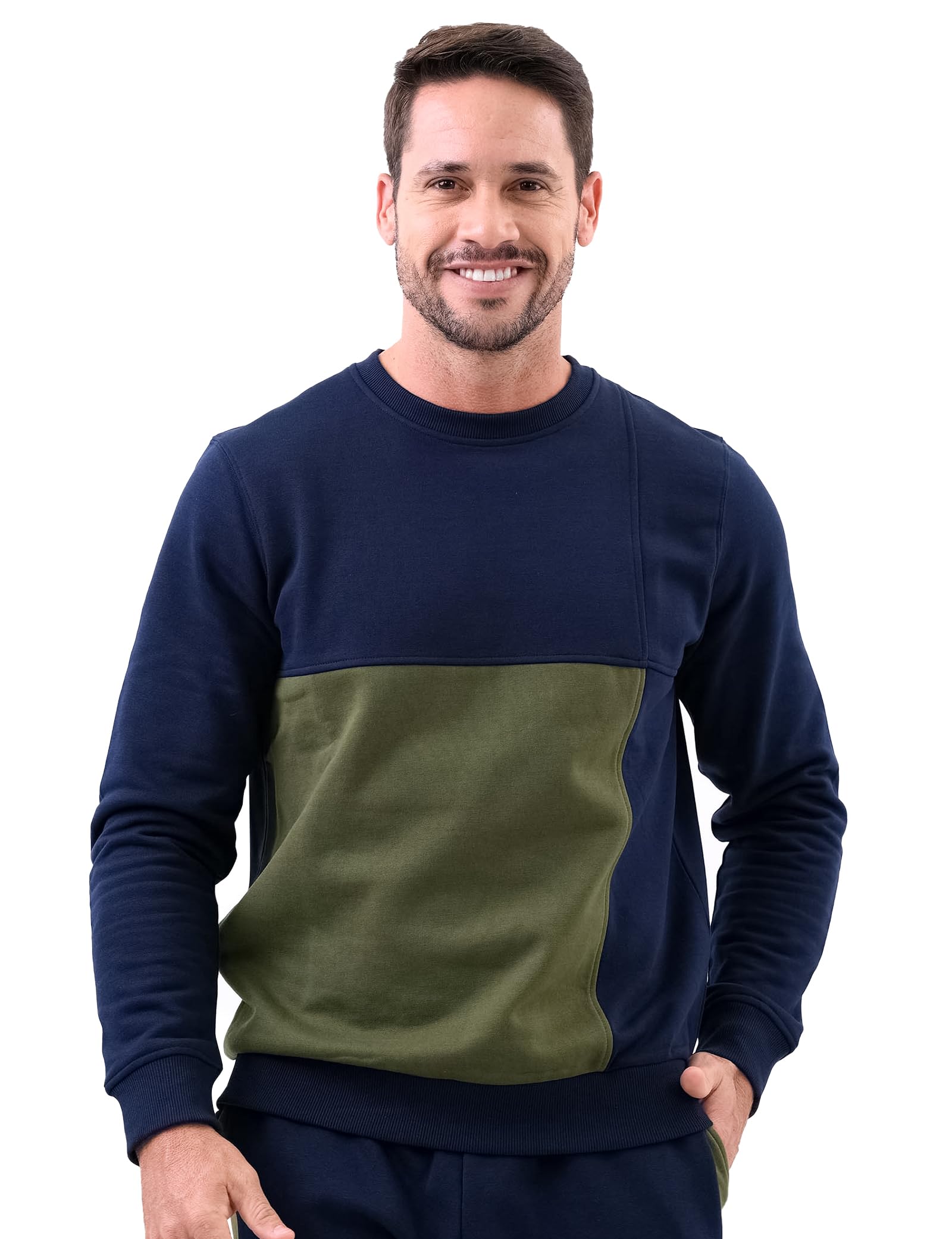 Enorsia Men's Crew Neck Colour Block Regular Fit Sweatshirt with Long Sleeves, Cuffs, and Hem Made with Soft Rib (Navy, XL)