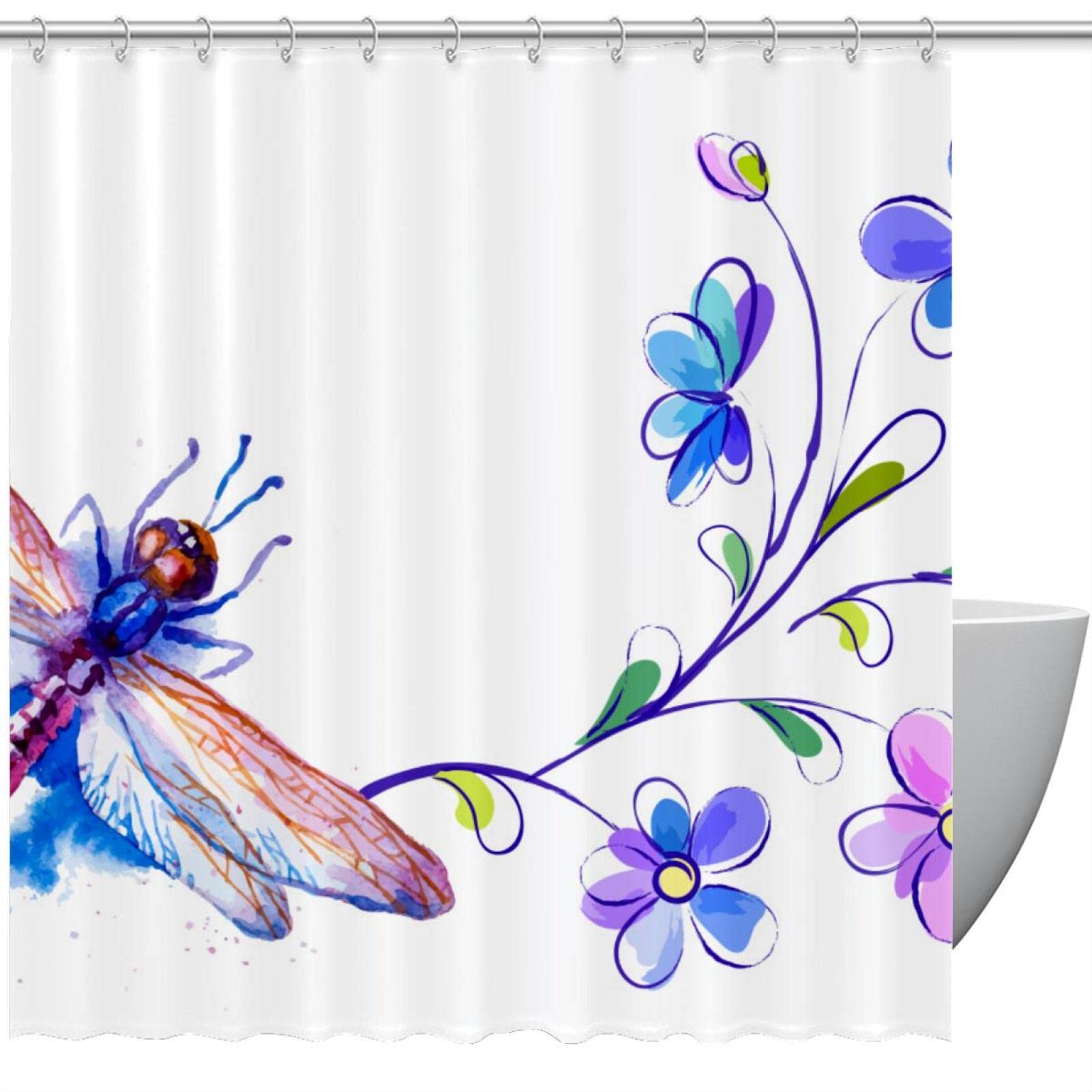 Rideau de douche tissu salle de bain libellule fleur aquarelle