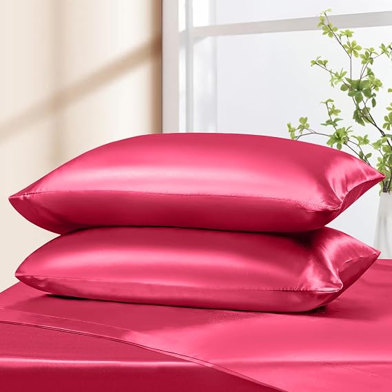 Manyshofu Hot Pink Split Head King Sheet Sets, 4 Piece Adjustable King | Silky Satin Reduces Frizz And Sleep Marks, 34-Inch Split Secure Fit, 16-Inch Deep Pocket, Fade-Resistant, Machine Wash