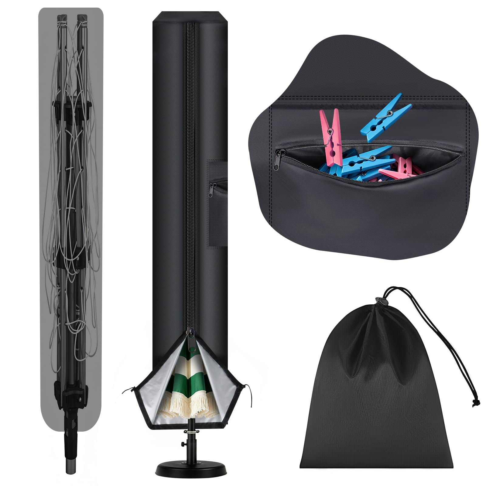 Rotary Washing Line Cover - 420D Heavy Duty Rotary Airer Cover,Waterproof Whirligig Covers for Outside with Clothes Peg Storage Pocket,Rotary Clothes Line Covers with Zips and Drawstring (165x16x16cm)