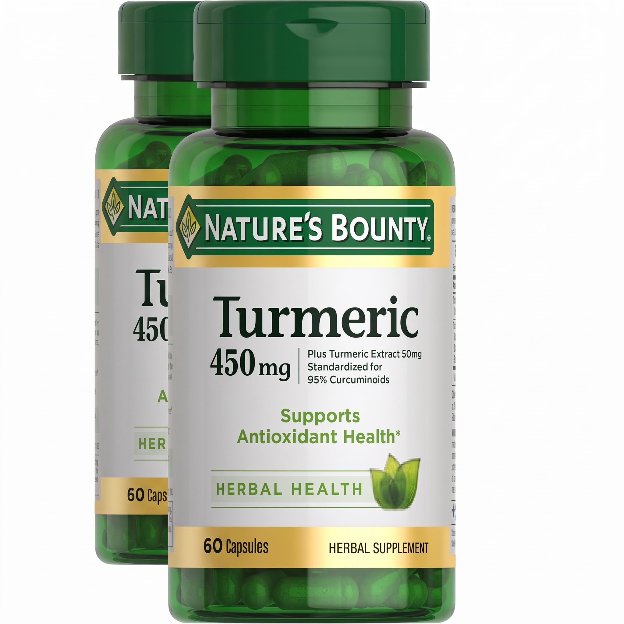 Nature's Bounty Turmeric Capsules, Herbal Supplement with Plant-Based Antioxidants, 450 Mg, 60 Count (Pack of 2)