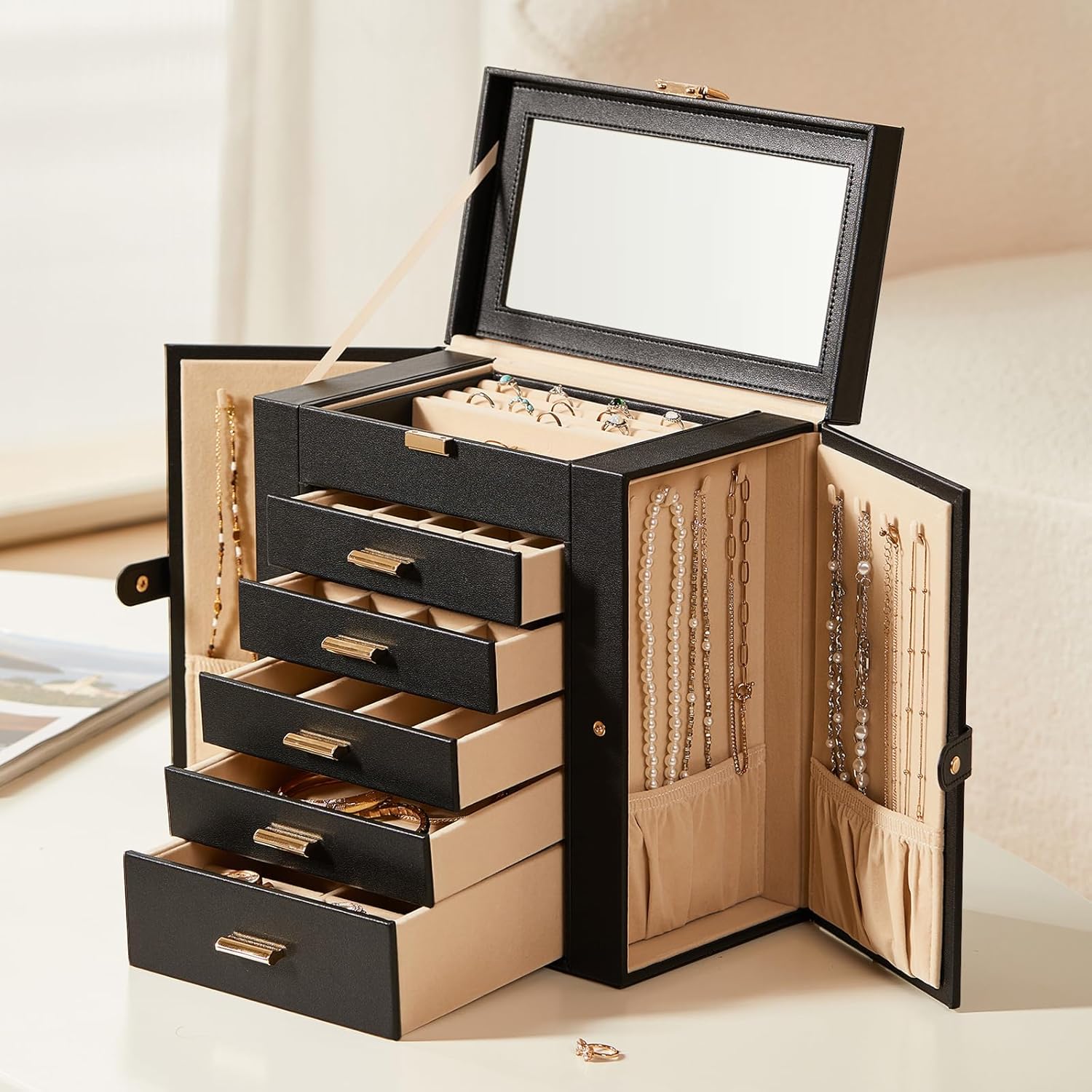 Large Leather Jewelry Box Organizer 6 layer Jewelry Storage Case for Women Girls Ring Necklace Earring Bracelet Holder with Mirror Gift(Black)