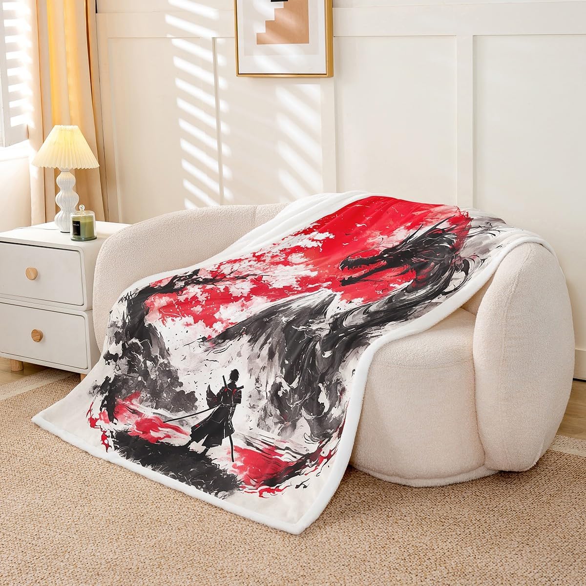 Erosebridal Japanese Style Fleece Bed Blanket Twin 60"X80" Japanese Samurai Throw Blanket for Kids Boys Men Ink Painting Dragon Sherpa Blanket Cherry Blossom Mount Fuji Fuzzy Blanket Red Black White