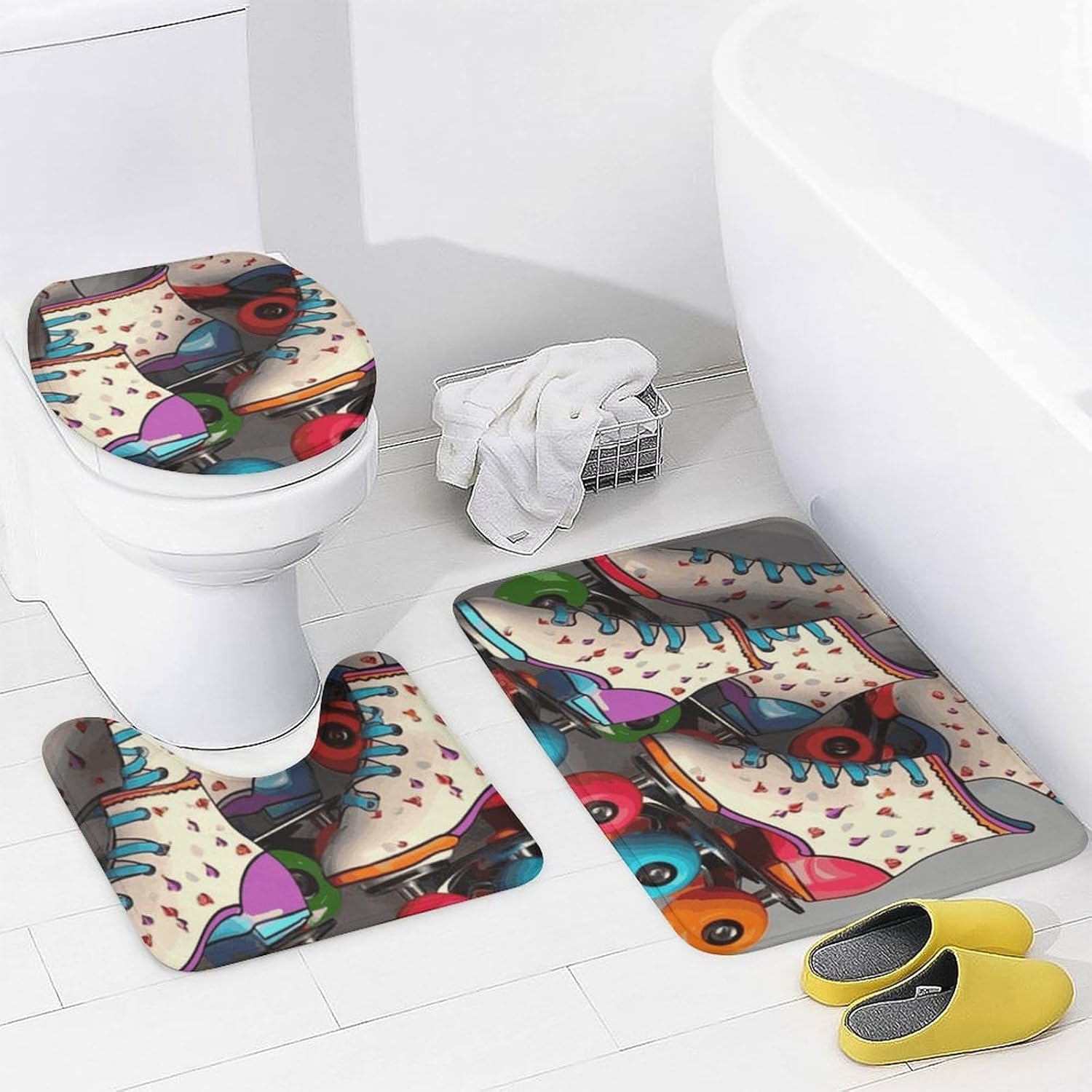 4 Piece Bathroom Rug Set with Shower Curtain, Non-Slip Bath Mat Toilet Cover Set, Retro Roller Skates Colorful Bathroom Rug Sets