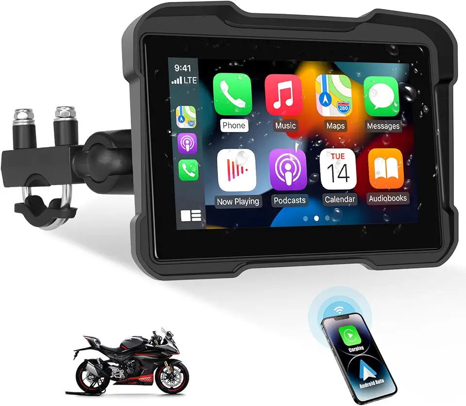 Sistema de navegação GPS para motocicleta com carplay sem fio Android Auto 5 polegadas Tela Moto CarPlay com Bluetooth duplo, assistente de navegação/Siri/G00gle à prova d'água