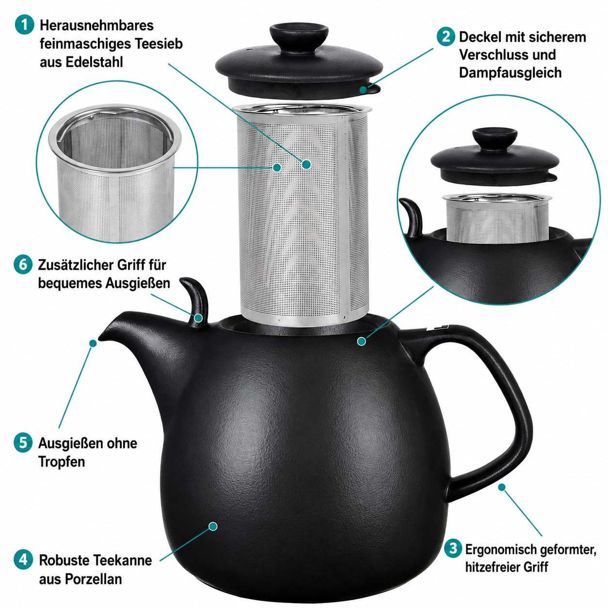 Urban Lifestyle Teekanne mit Stövchen 1,6 L Porzellan Teekanne Schwarz Matt mit Siebeinsatz aus Edelstahl für losen Tee Teekanne mit Stövchen und Tea Pot Kopenhagen