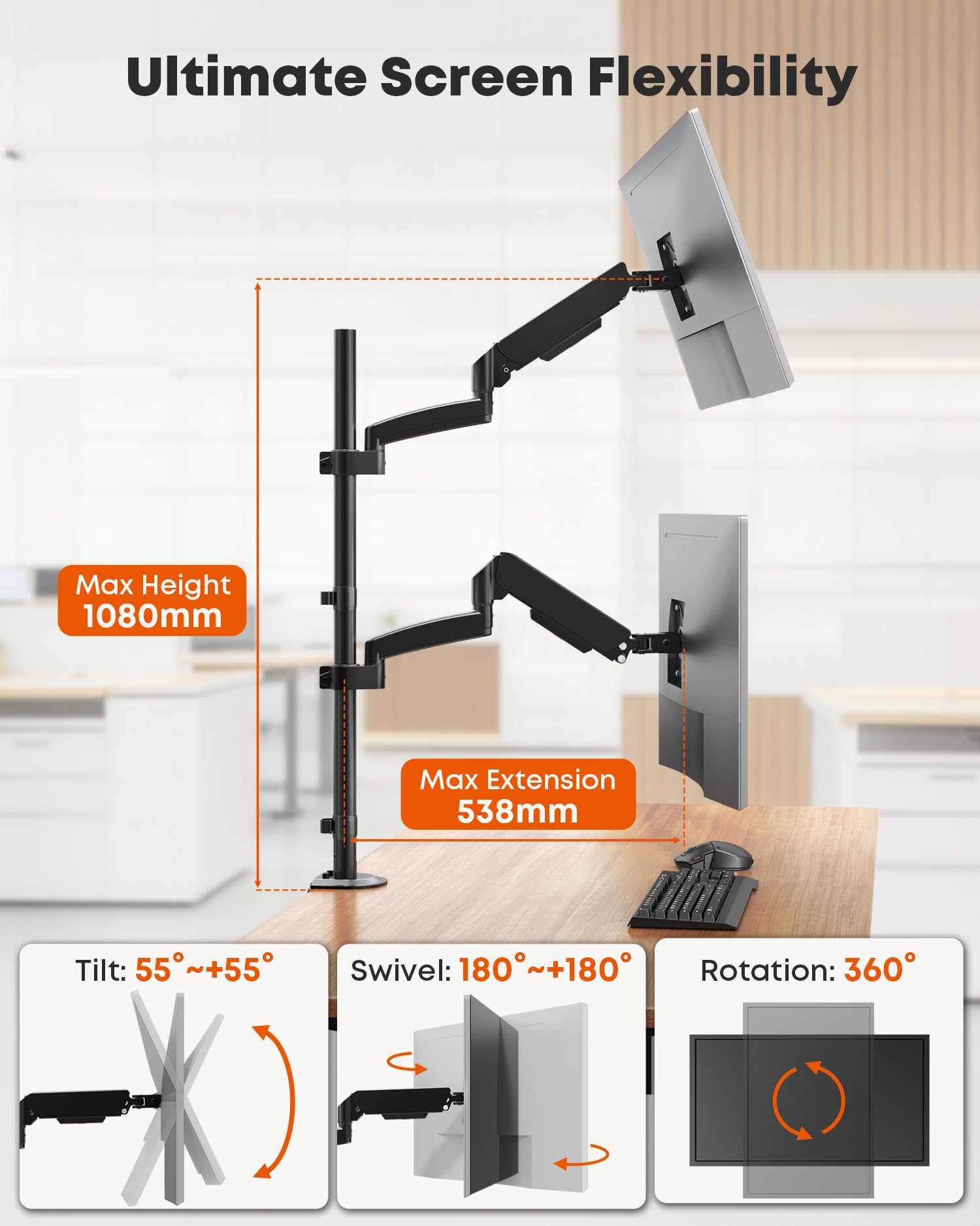 Monitor Halterung 2 Monitore für 13-32 Zoll Bildschirm,Max. 9kg pro Arm | Extralange Säule Monitor Arm für 2 Monitore,Voll Verstellbar Bildschirmhalterung mit Kabelmanagement,VESA 75/100 mm