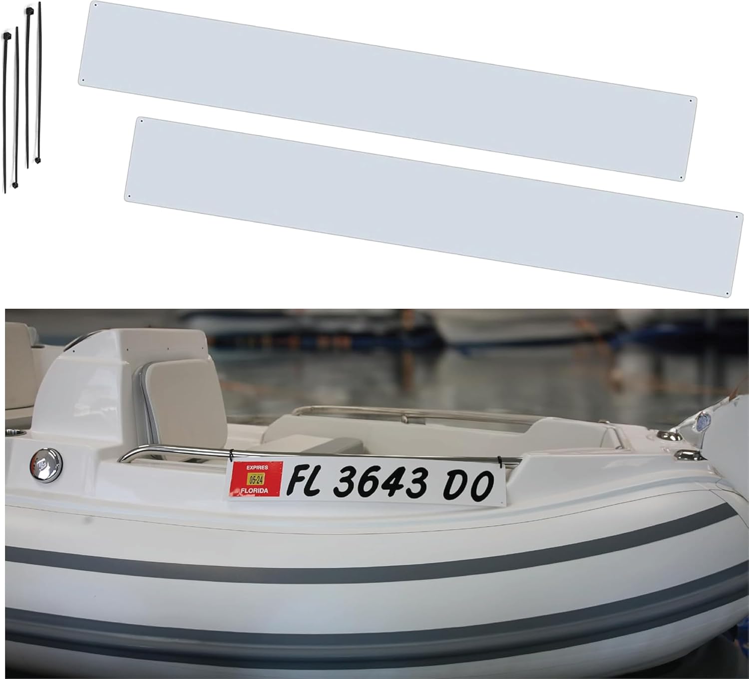 Hardline Products USA Marine Registration Plate Kit for Inflatable Boats & Ribs – 4” x 24” ABS Plastic Mounting Boards with Zip Ties – Saltwater Resistant – Made in USA (Pair)