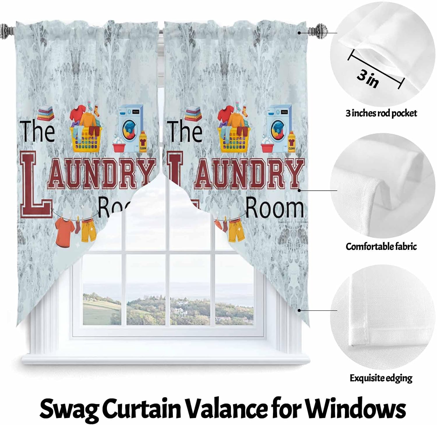 Savannan Swag Curtains, The Laundry Room Clothes Wash Machine Blue Floral Print Rod Pocket Window Topper Curtains Valances for Kitchen Bedroom Living Room 2 Panel, 36"x36"