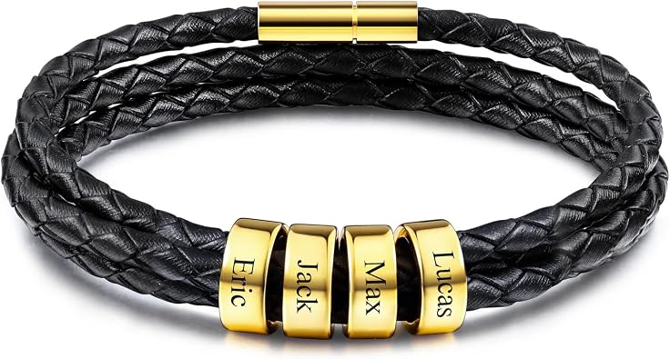 INBLUE Mens Leather Braided Bracelets with 2-6 Custom Name Beads Engraved Customized Gifts for Men Women Rope Bracelet Boyfriend Gifts Mens Jewelry