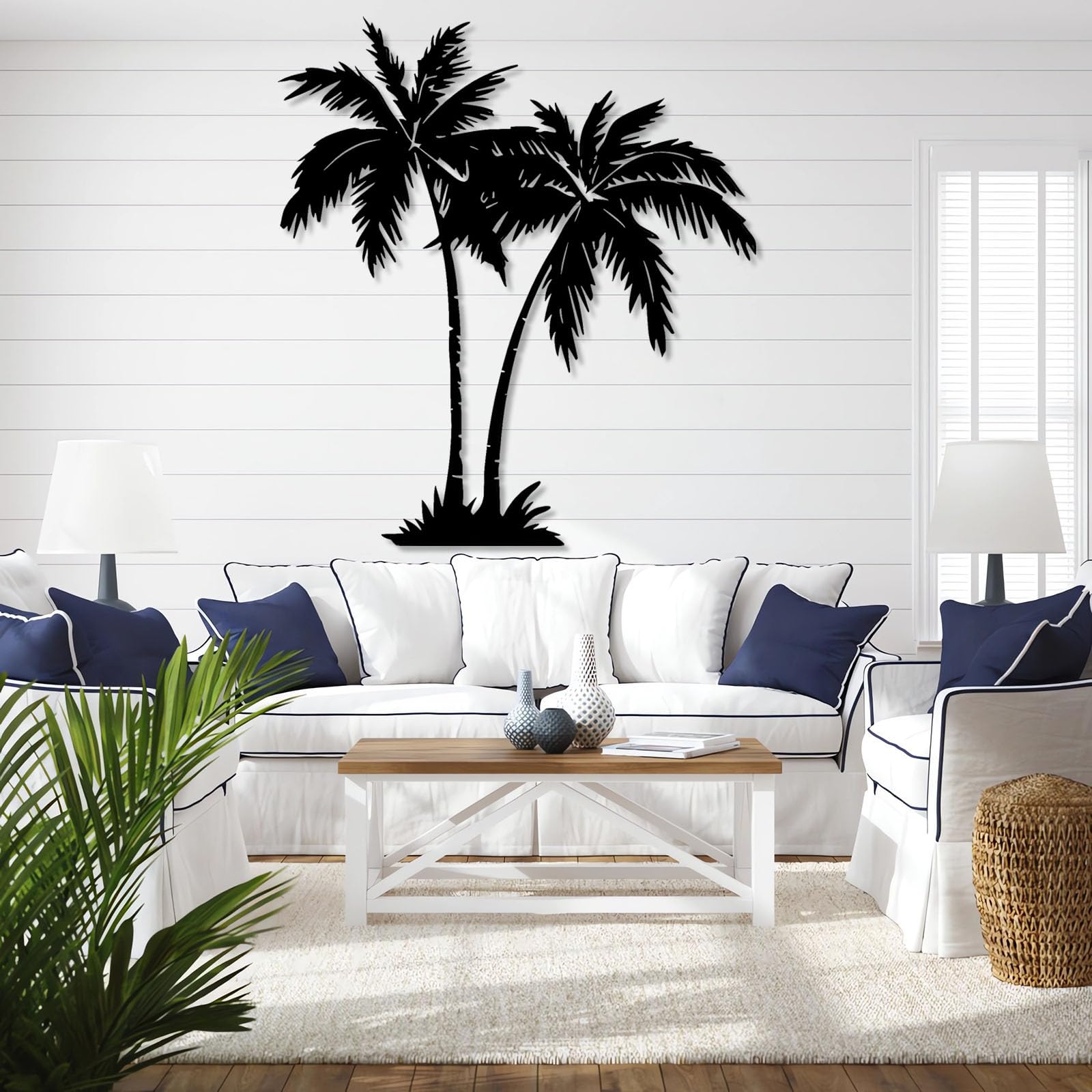 Generico Decoración de pared abstracta contemporánea de Metal con palmeras tropicales, Arte playero, casa de hojas costeras, para exteriores (81 x 90 cm, Blanco)