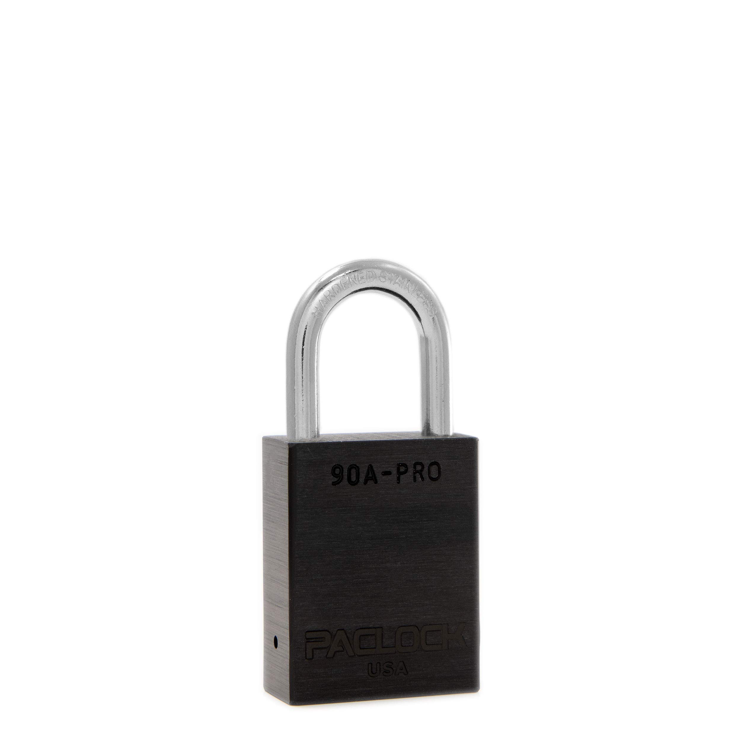 PACLOCK's 90A-PRO Padlock, 1/4" Diameter Hard. Stainless Steel Shackle, 1-3/16" Tall, High Performance 7-Pin Cylinder w/ 1 Key, Keyed Alike, Black
