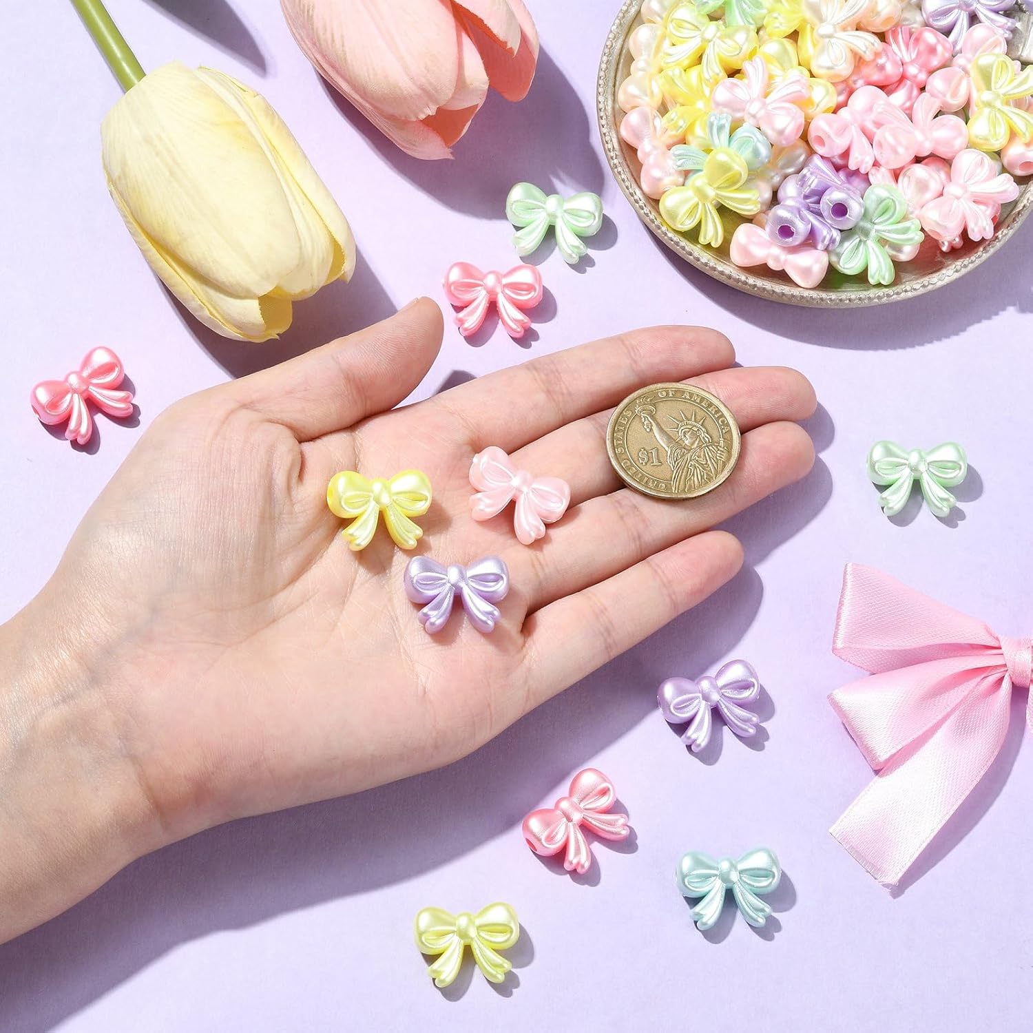 DanLingJewelry Approx 590Pcs Random Colorful Acrylic Bow Beads Imitation Pearl Bowknot Beads for DIY Bracelets Necklaces Making - Image 4