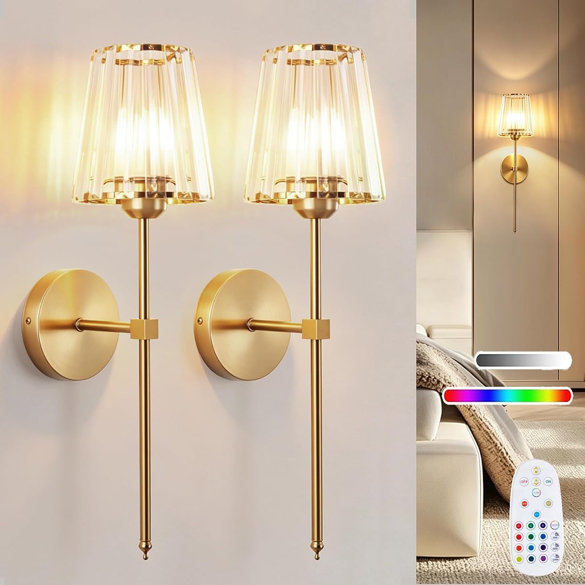 Wall Sconces Battery Operated Set of 2, Rechargeable Wall Sconce with Crystal Lampshade, Gold 5200mAh Wireless Wall Lights, 15 RGB Dimmable Wall Lamps with Remote for Bedroom Living Room Hallway Decor