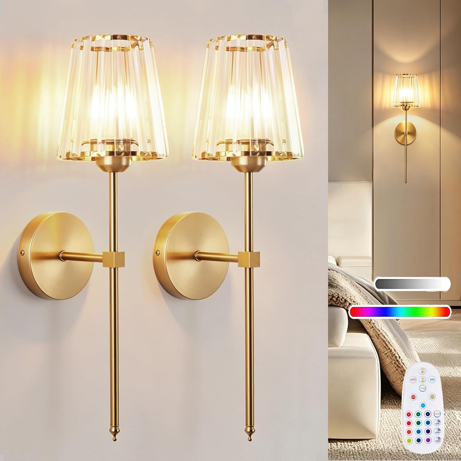 Wall Sconces Battery Operated Set of 2, Rechargeable Wall Sconce with Crystal Lampshade, Gold 5200mAh Wireless Wall Lights, 15 RGB Dimmable Wall Lamps with Remote for Bedroom Living Room Hallway Decor