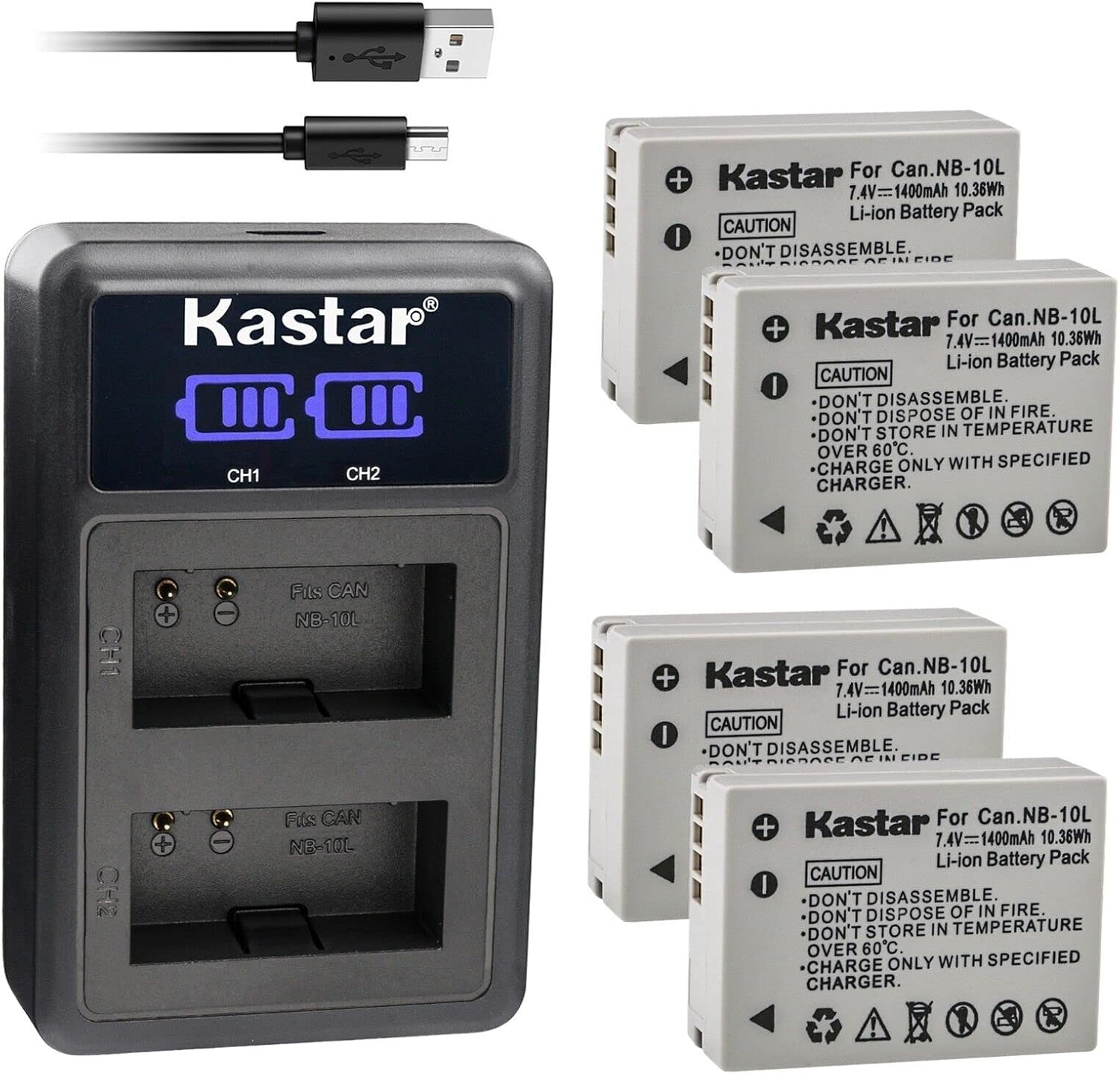 Kastar 4-Pack NB-10L Battery and LED2 USB Charger Compatible with Canon NB-10L NB10L, NB-10LH NB10LH Battery, Canon CB-2LC Charger, Canon G1X G3X G15 G16 SX40HS SX50HS SX60HS Camera