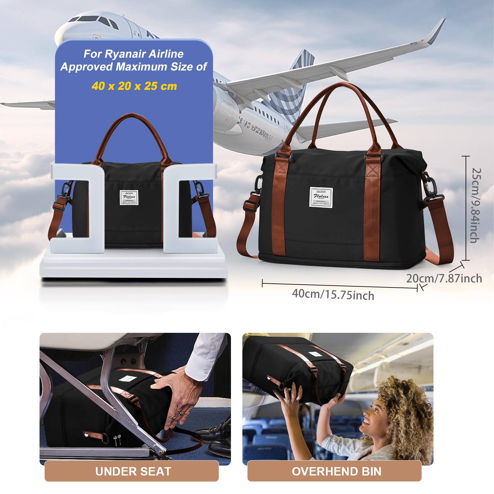 WEPLAN Borsone da Viaggio Donna 40x20x25 Ryanair Borsa da Viaggio Aereo Bagaglio a Mano Borsa Sportiva Donna Weekend Borsone Palestra Ospedale Piscina con Scomparto per le Scarpe,Nero con Marrone