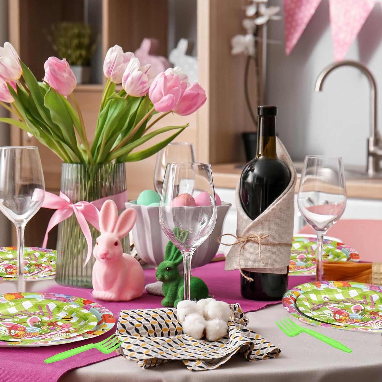 96 Pcs Easter Plates and Napkins Disposable Dinnerware Supplies for 24 Guests, Paper Tableware Include 9" Dinner Plates, 7" Dessert Plates, Napkins, Forks for Easter Spring Party(Bunny) - Image 7