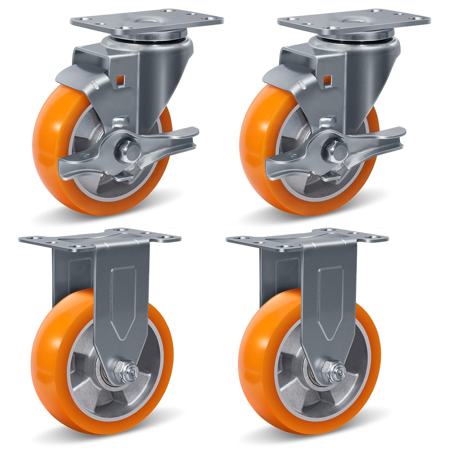 4'' Caster Wheels, ASOMWLS Heavy Duty Industrial Casters Set of 4 Orange Crown Polyurethane Tread on Aluminum Wheels, Plate Casters for Machine, Equipment (2 Brake & 2 Rigid）