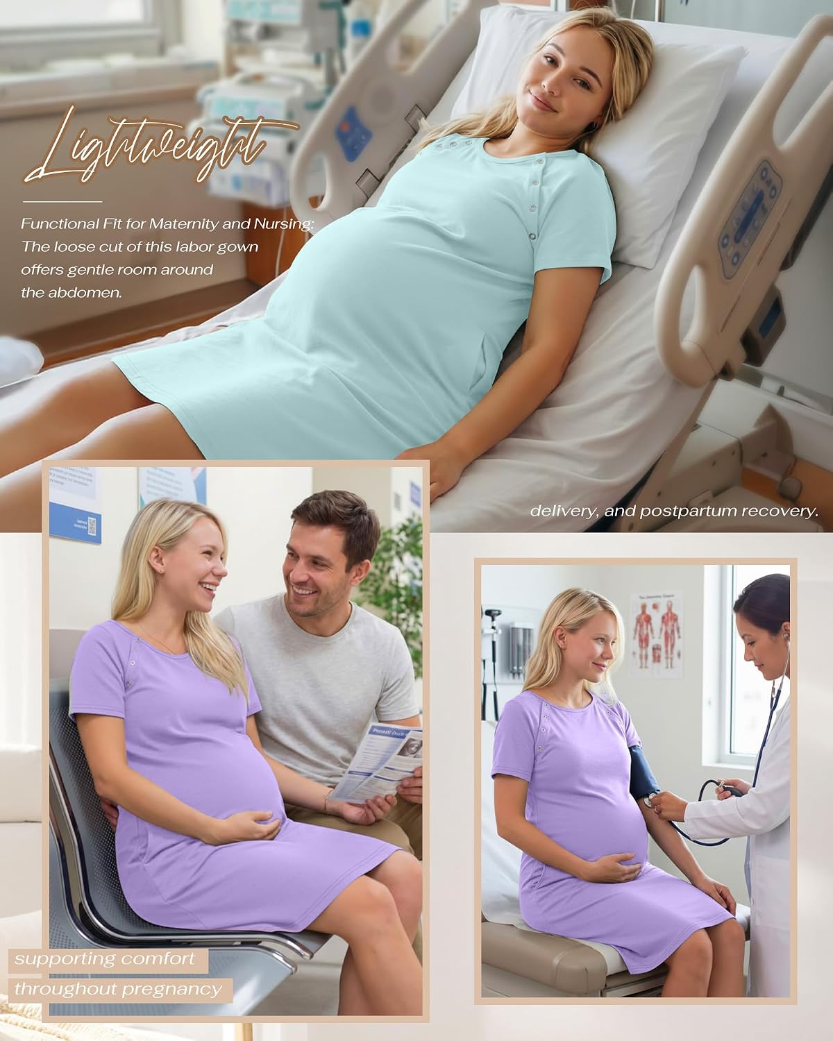 Huukeay 2 Pack Labor and Delivery Hospital Gown Women Nursing Birthing Maternity Dress 3 In1 Breastfeeding Buttons Pjs Robe