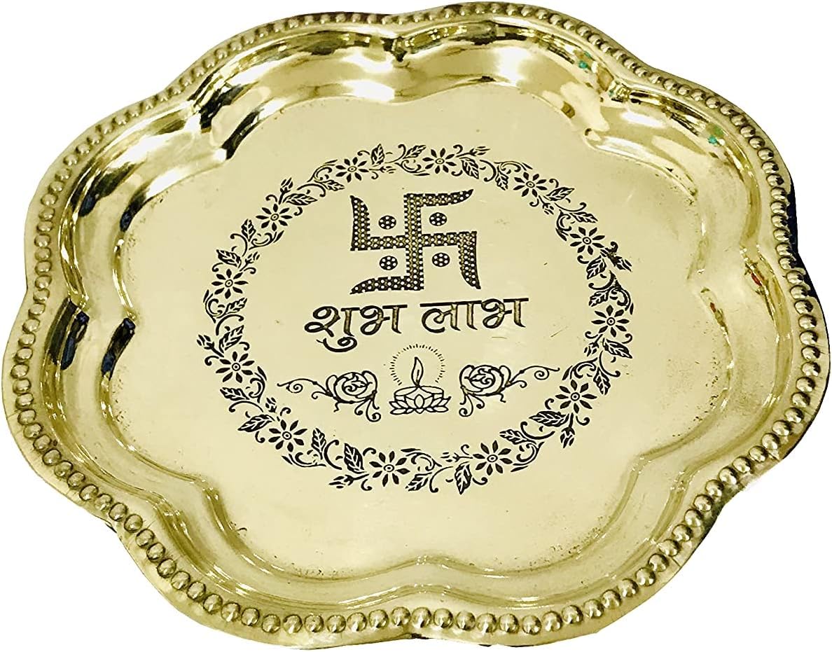 Brass Pooja Plate thali Set Indian Embossed swastik shubh Labh for Diwali Pooja Home Temple Mandir Thali Set Laxmi Puja Navratri 5 pcs Housewarming Thanksgiving-8.5 inch