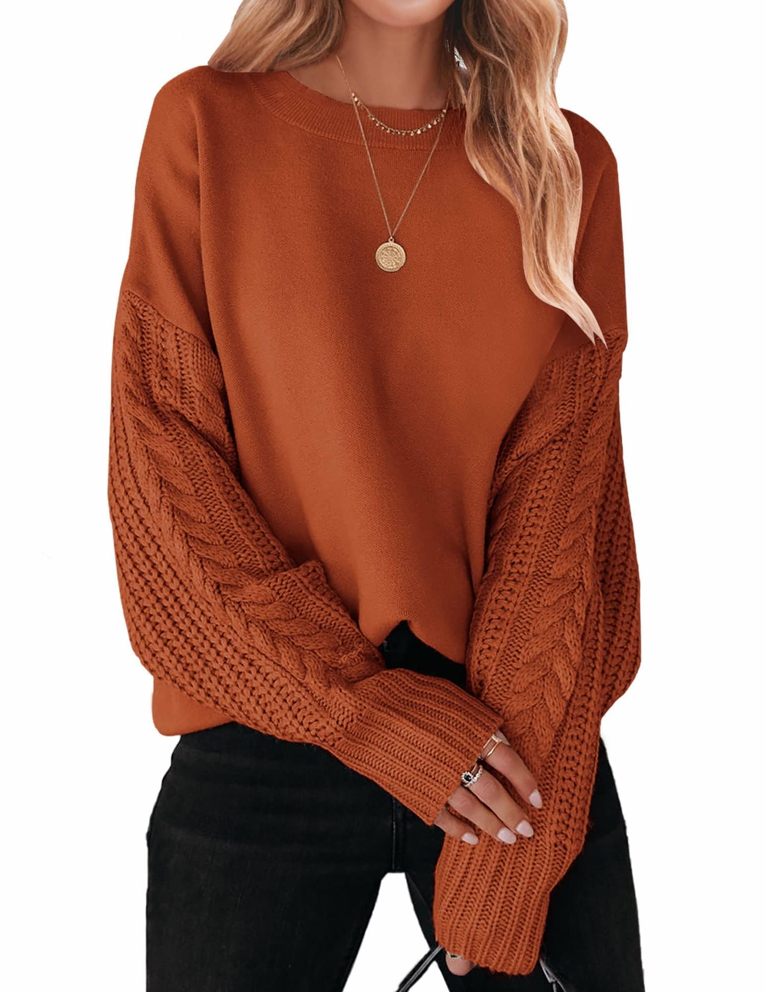 ZESICAWomen's 2025 Fall Long Sleeve Crew Neck Solid Color Cable Knit Chunky Casual Oversized Pullover Sweater Tops