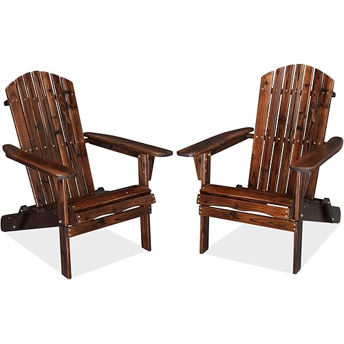 Outvita Folding Adirondack Chair Set of 2, 350LBS Solid Wood Garden Chair Weather Resistant, Outdoor Wooden Accent Furniture Fire Pit Lounge Chairs for Garden, Yard, Patio, Lawn, Carbonized
