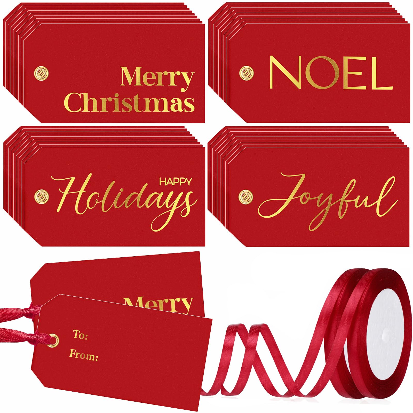 Fullhawl 100 Pcs Merry Christmas Name Tags for Gifts Christmas Tags with String Gold Foil Elegant Present Tag Paper Holiday Labels for Xmas Gifts