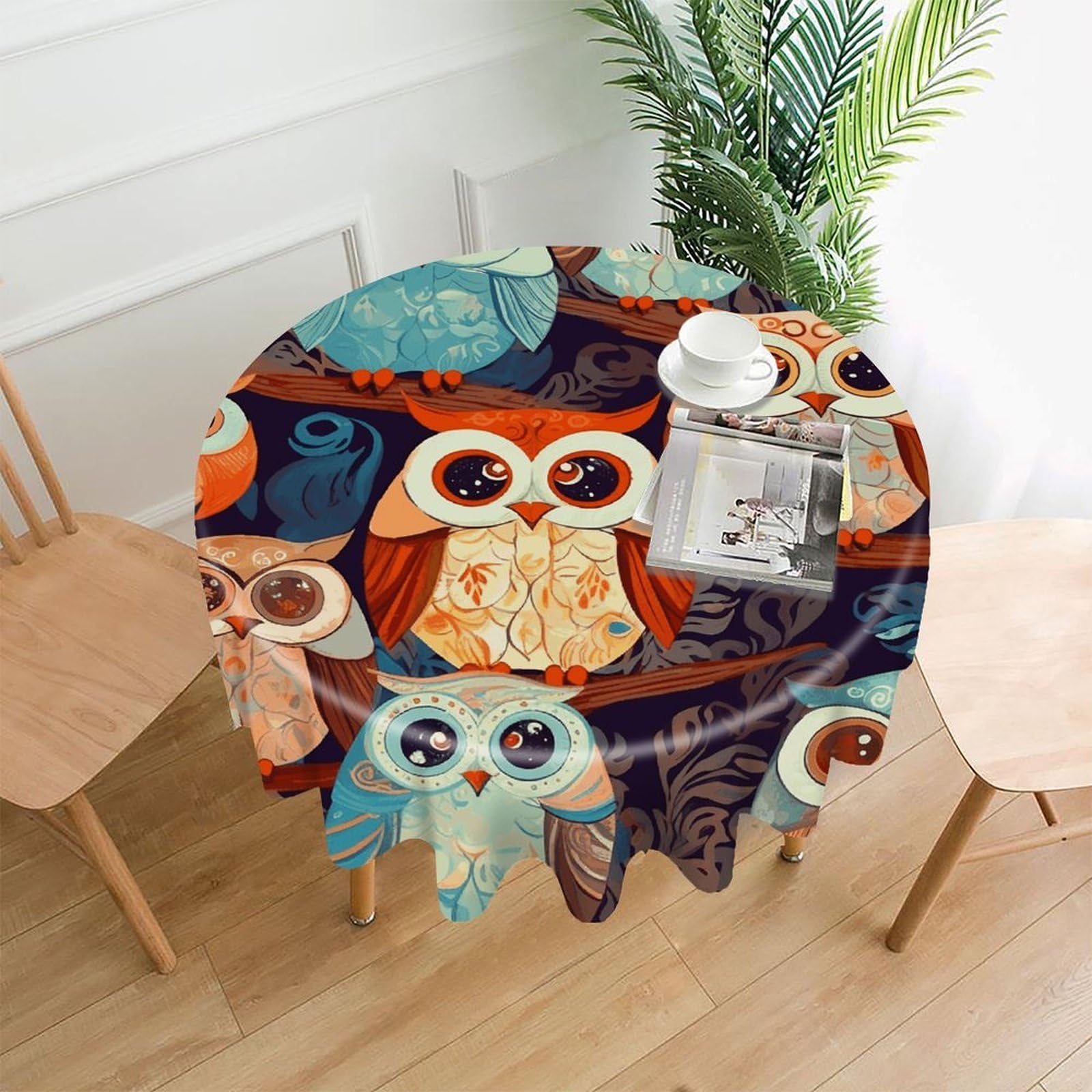 FodPand Anime Owl Round Tablecloth - 60 Inch Premium Polyester Table Cloth, Fashion Wrinkle Resistant Decorative Table Cover for Dining Kitchen Party Buffet Tables