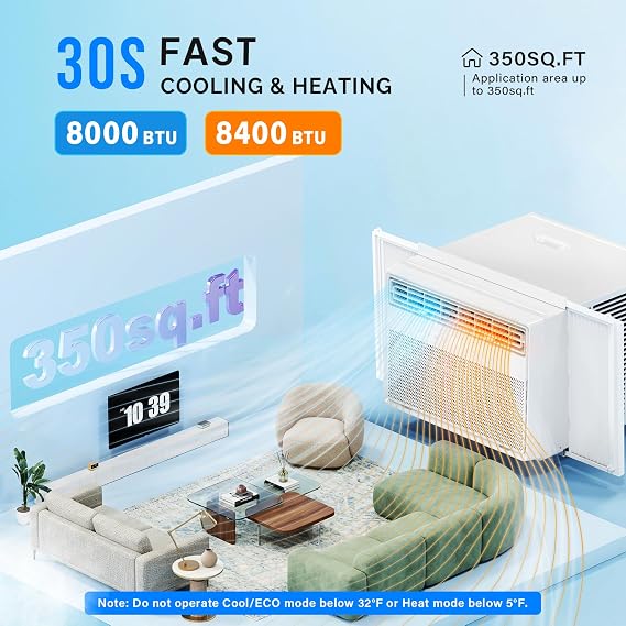 ROVSUN 8000 BTU Inverter Window Air Conditioner with Heat, Remote, 350 ft2