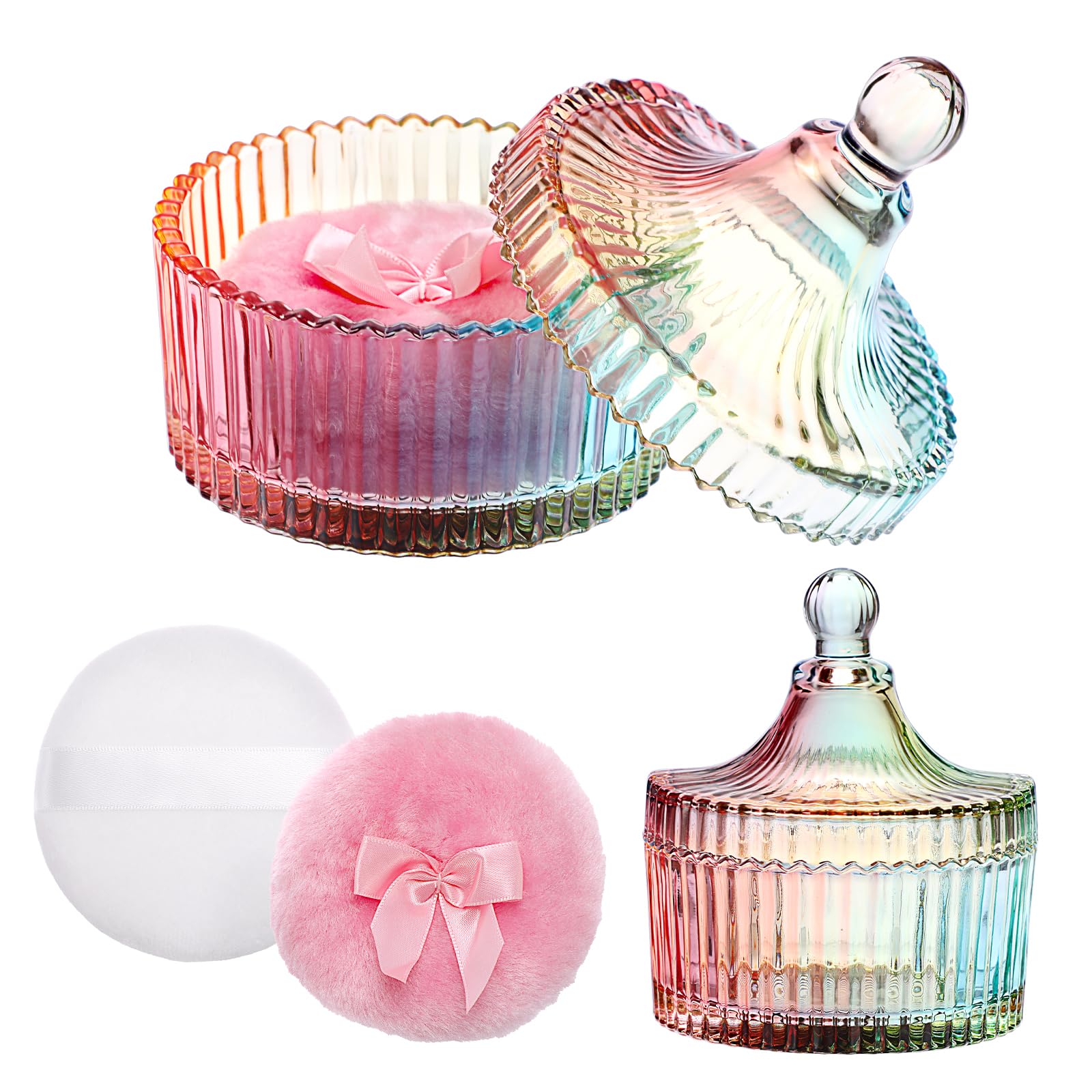 TOLIDA 3pcs Puderdose Set aus Glas,Körperpuderbehälter, Babypuder Dose mit Puderquaste,Puderetui für Körperpuder,Talkumpuder,Kosmetikpuder zu Reise Geburtstag als Geschenk(Kein Pulver) (Mehrfarbig)