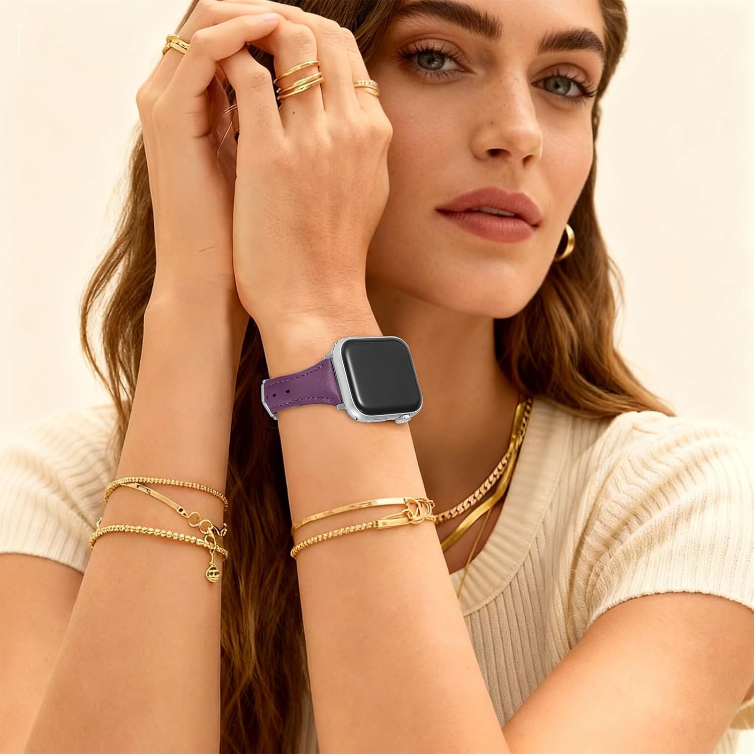 Slim Genuine Nappa Leather Bands Compatible with Apple Watch Band 38mm 40mm 41mm 42mm 44mm 45mm 46mm Women, Sweatproof Ultra Soft Leather Replacement Straps for iWatch Ultra/SE/1/2/3/4/5/6/7/8/9/10/11