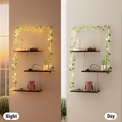 Miniatura 4 de Estantes colgantes para pared, 3 niveles bohemios, decoración de pared, estante colgante con luces de vid, estantes flotantes de madera rústica,