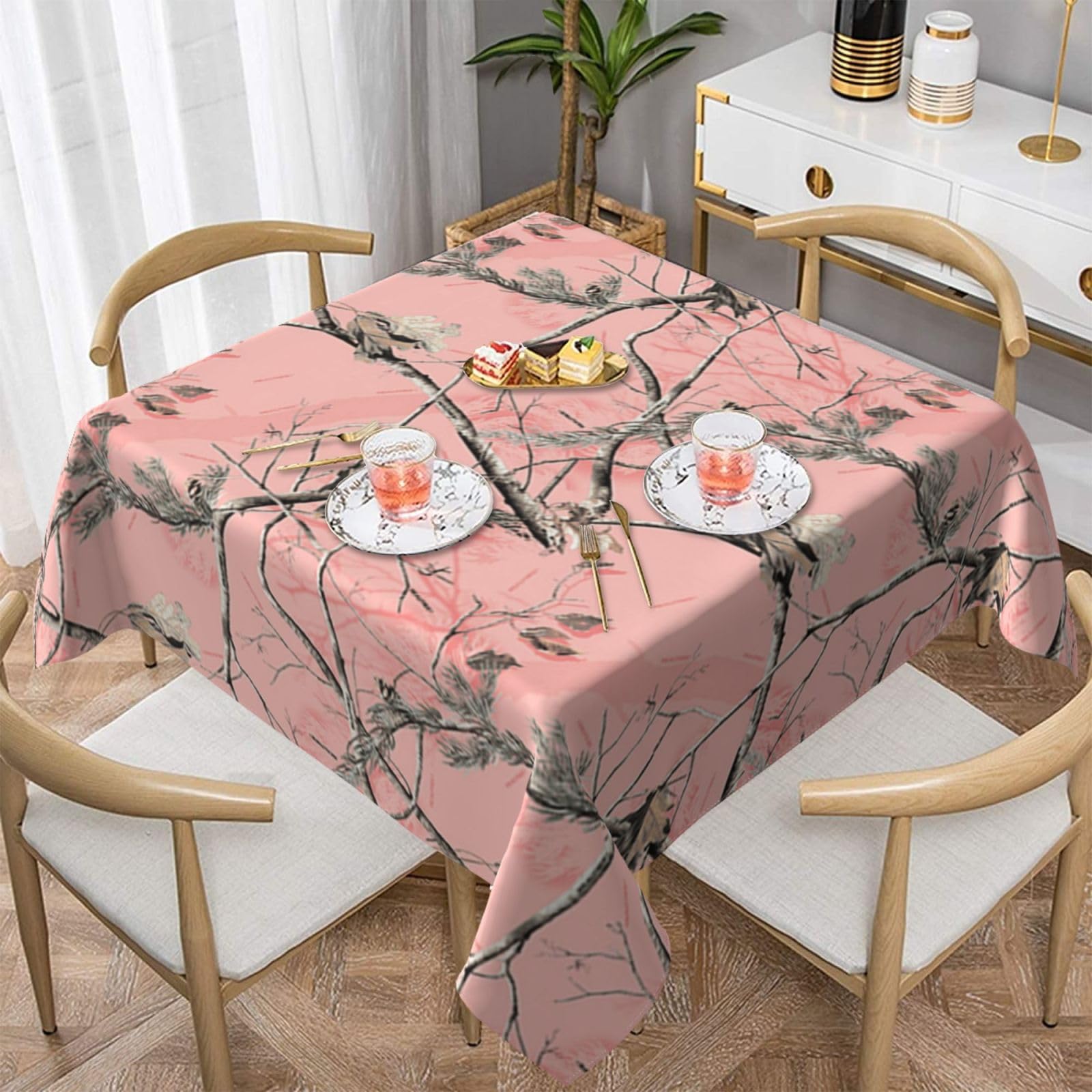 DCEHGEW Pink leaves Camouflage Prints Square Tablecloth 152x152 CM, Waterproof Fabric Table Cloth for Dining Table, Farmhouse Table Cover for Kitchen Dining Tabletop Decoration