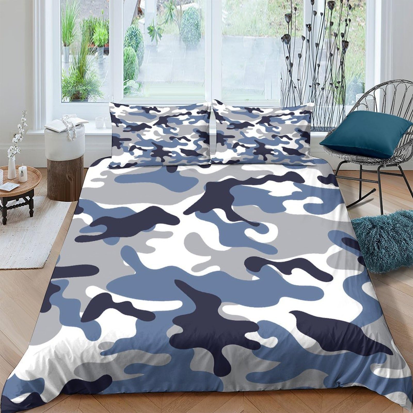 Ctjqhvkz Style-5 3D Printed Blue Camo Fitted Sheet Microfiber Soft Anti-Slip Grey Camouflage Bed Cover For Bedroom Guest Room Decor Single（135X200cm）