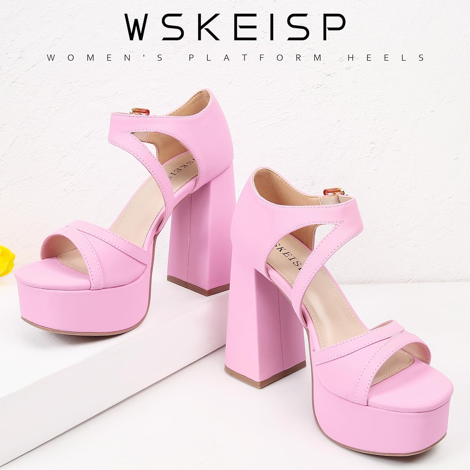 WSKEISP Platform Chunky Heels for Women Trendy Square Toe Heeled Sandals Black White Pink Silver Gold High Heels Ankle Strap Party Wedding Dress Pumps - Image 6