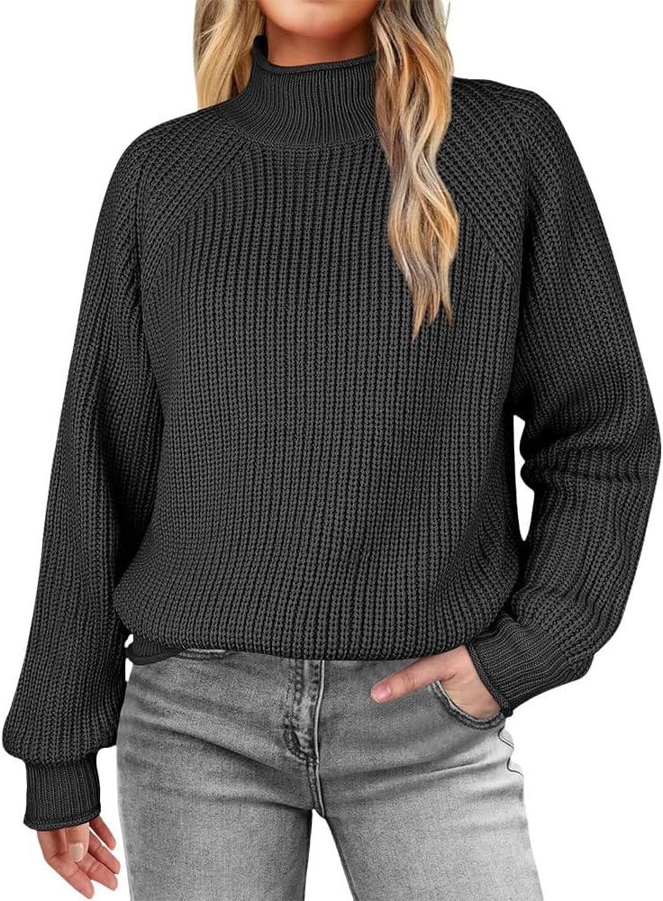 Womens Mock Neck Chunky Knit Sweater Raglan Sleeve Fall Loose 2025 Solid Thick Jumper Sweaters for Women