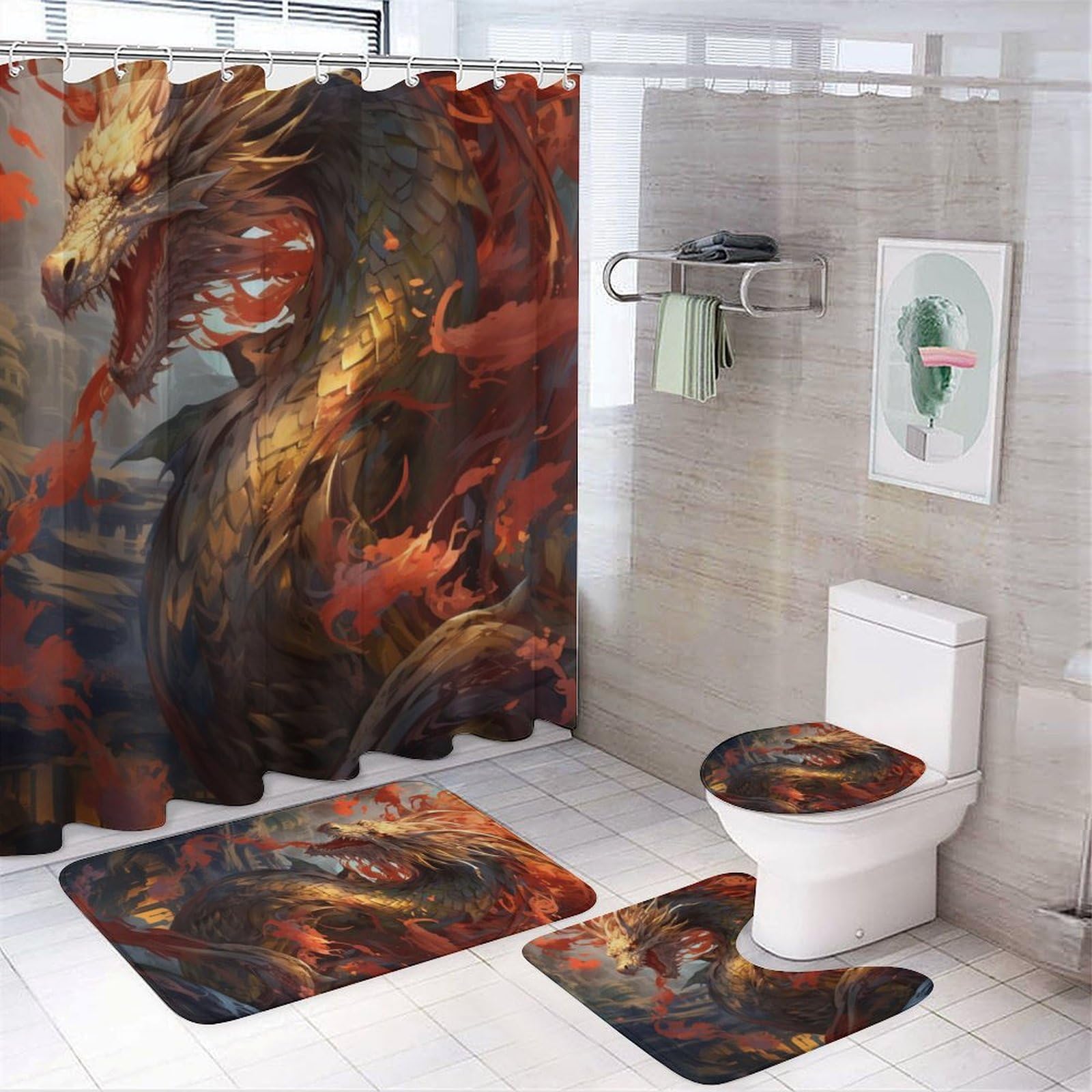 FOCCAR Abstract Dragon Shower Curtain Sets for Bathroom, 4 Pieces Retro Background Fantasy Animals Bathroom Decor Set Waterproof Shower Curtains with 12 Hooks Toilet Lid Rug And Bath Mat