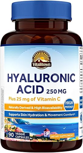 Vitalitown Suplementos de ácido hialurónico de 250 mg, más 25 mg de vitamina C, derivado naturalmente y alta biodisponibilidad, hidratación de la