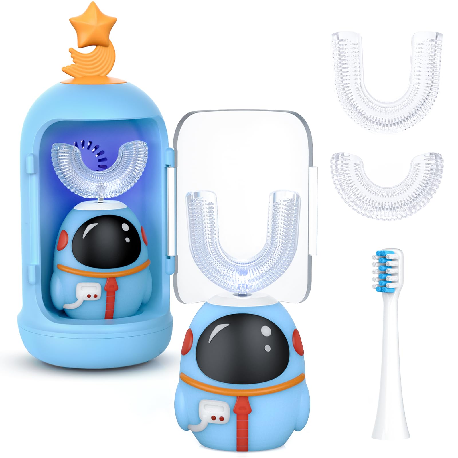 FTOYIN Kids Electric Toothbrush with 3 Brush Heads, U Shaped Ultrasonic Toothbrush Kids with 5 Modes, 45s Smart Reminder, 360-Degree Automatic Cleaning, IPX7 Waterproof Design