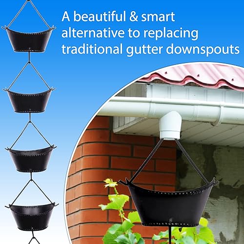 Miniatura 6 de Cadena de lluvia para copa de barco de 8.5 pies, hierro recubierto de polvo negro, elegantes cadenas de lluvia para canaletas