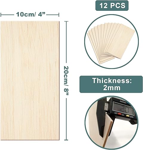 Miniatura 2 de 12 hojas de madera de balsa sin terminar de 8 x 4 pulgadas de grosor para manualidades, 0.079 in de grosor Craftiff