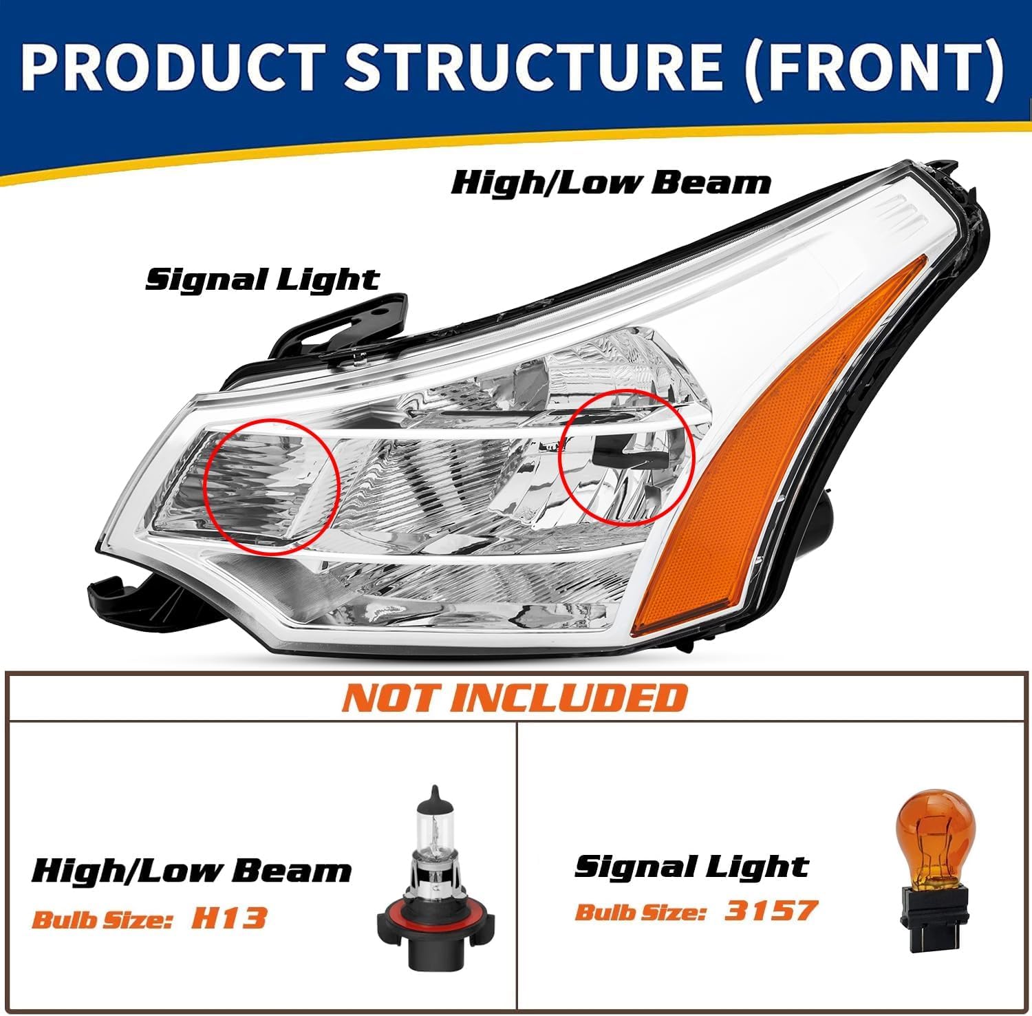 Headlights Assembly Pair for 2008-2011 Ford Focus S/SE/SES/SEL Halogen Head Lights Headlamps Replacement Driver and Passenger Side (LH RH),Chrome Housing Amber Reflector