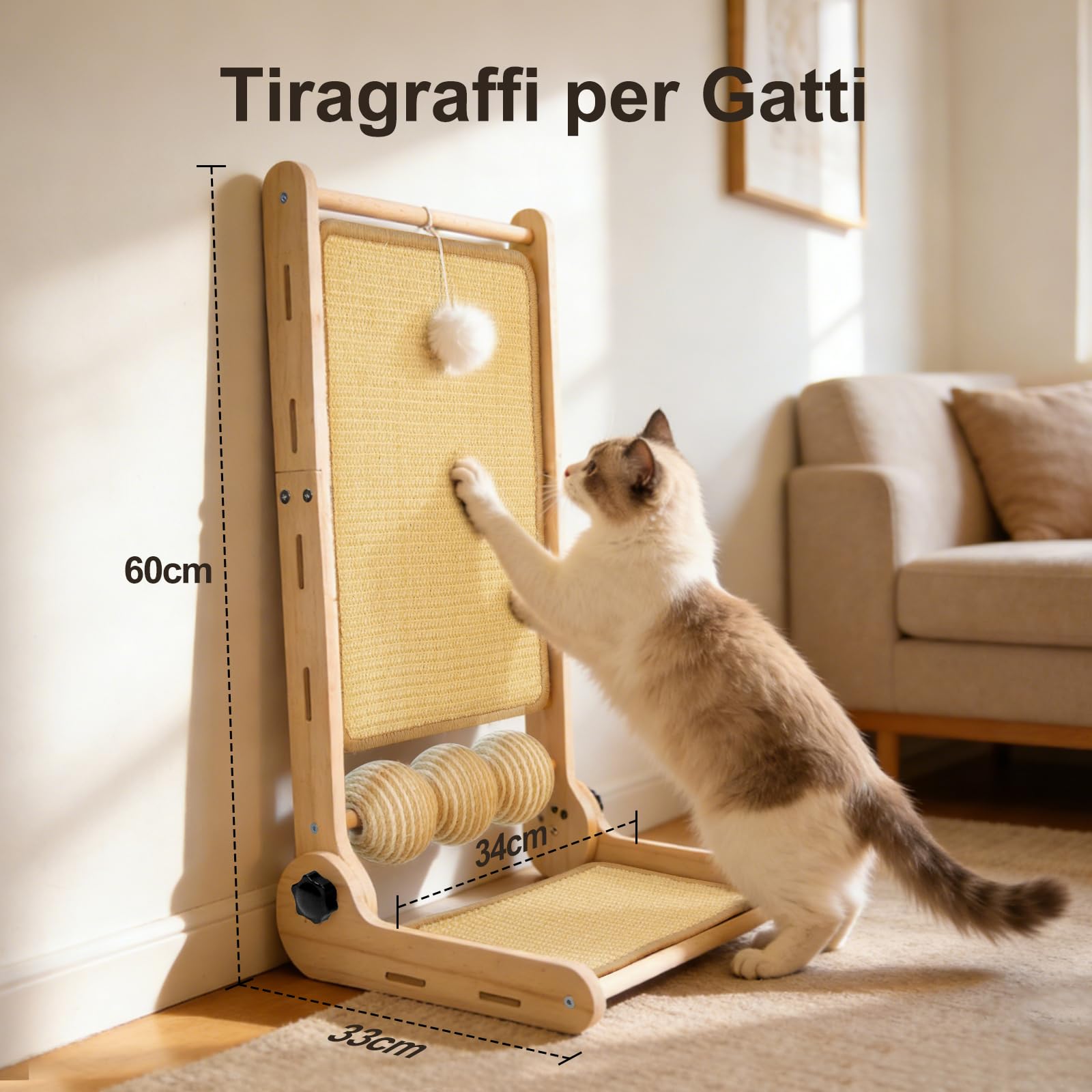 DONWEI Tiragraffi L Verticale 60CM Sisal Pieghevole Stabile | Dotato di palla sisal da gioco, struttura stabile pieghevole protegge pareti e angoli dai graffi