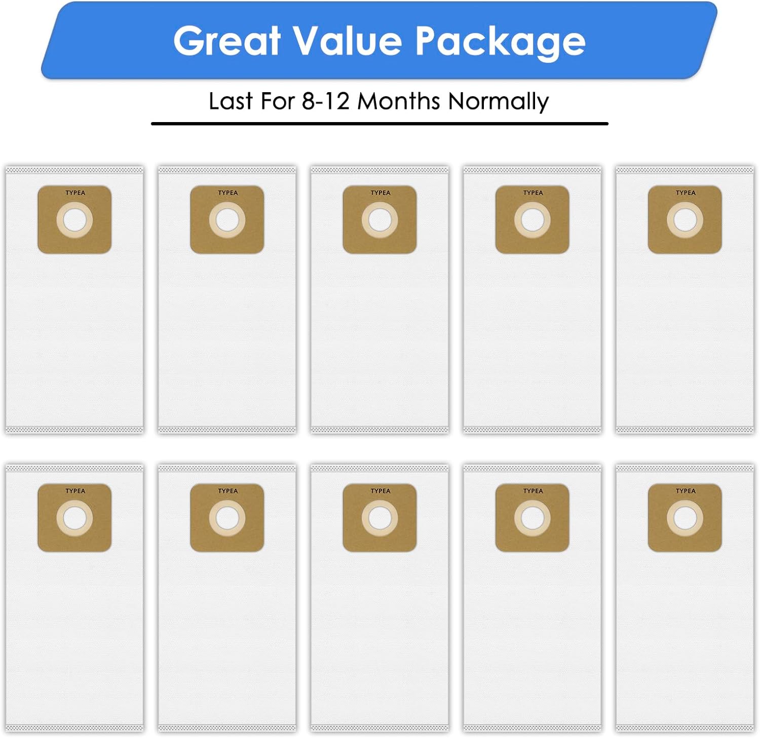(10 Pack) Type A Replacement Dust Bags Compatible with Riccar Most Vibrance, R-Series, 2000/4000 & Simplicity Symmetry, S20EZM, 5000/6000 Vacuum Cleaner, Part RAH-6/SAH-6, Vacuum Bags, Canister Bags