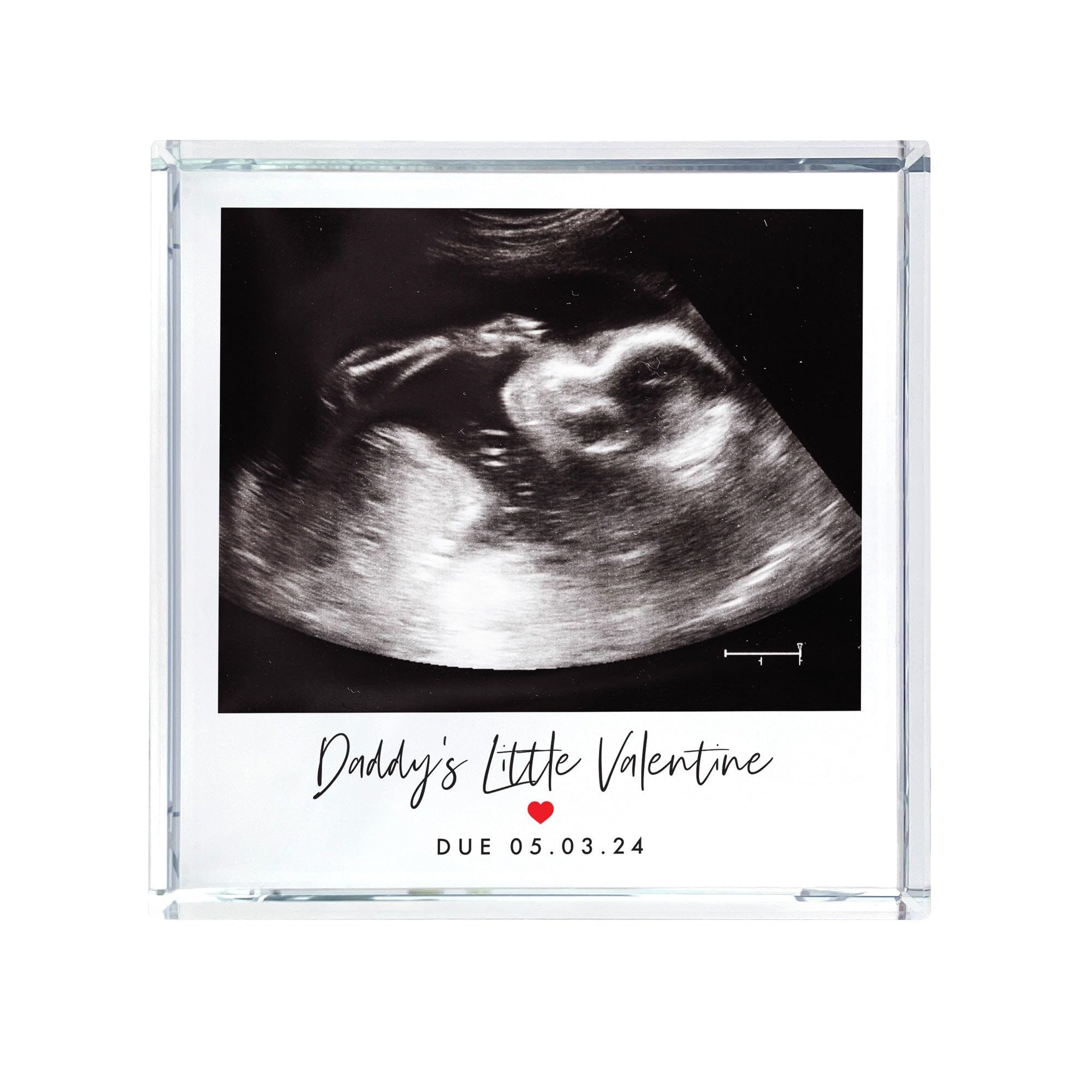 Personalised Baby Scan Red Heart Photo Crystal Token - Custom Message & Image | Freestanding Solid Glass Block Gift | Keepsake for Parents | 9x9x2cm