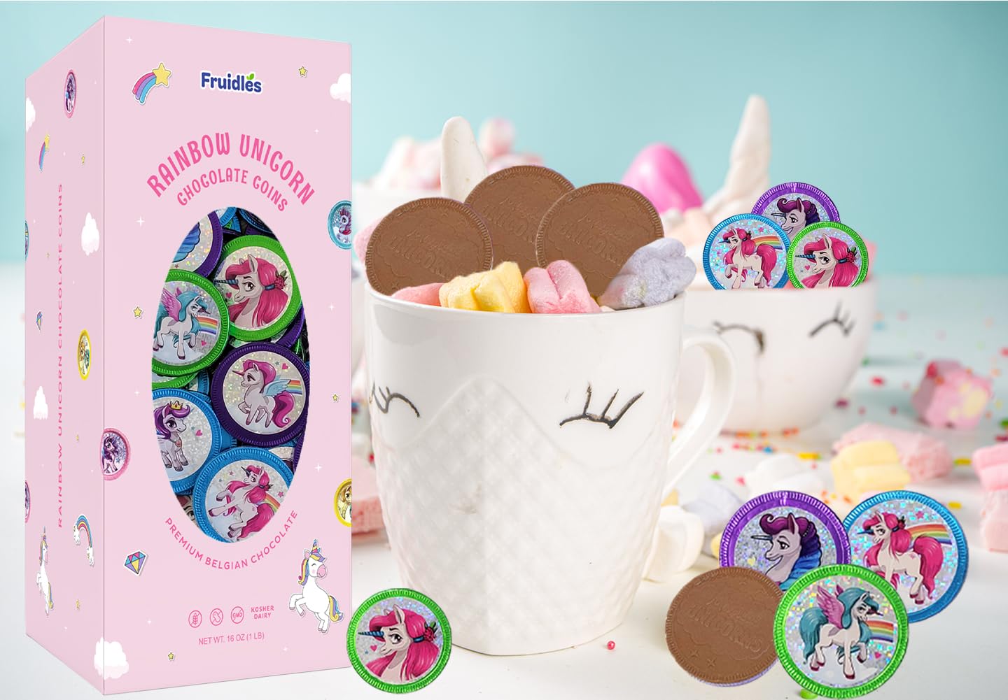 Fruidles Rainbow Unicorn Chocolate Coins with Stickers, Milk Chocolate Coins in Foil, Chocolates for Kids, Oud Kosher (2-Pack)