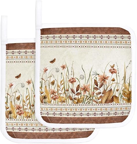 Juego de 2 soportes para ollas de hojas de flores para cocina, platos para horno, almohadillas a prueba de calor con lazo para colgar, agarraderas