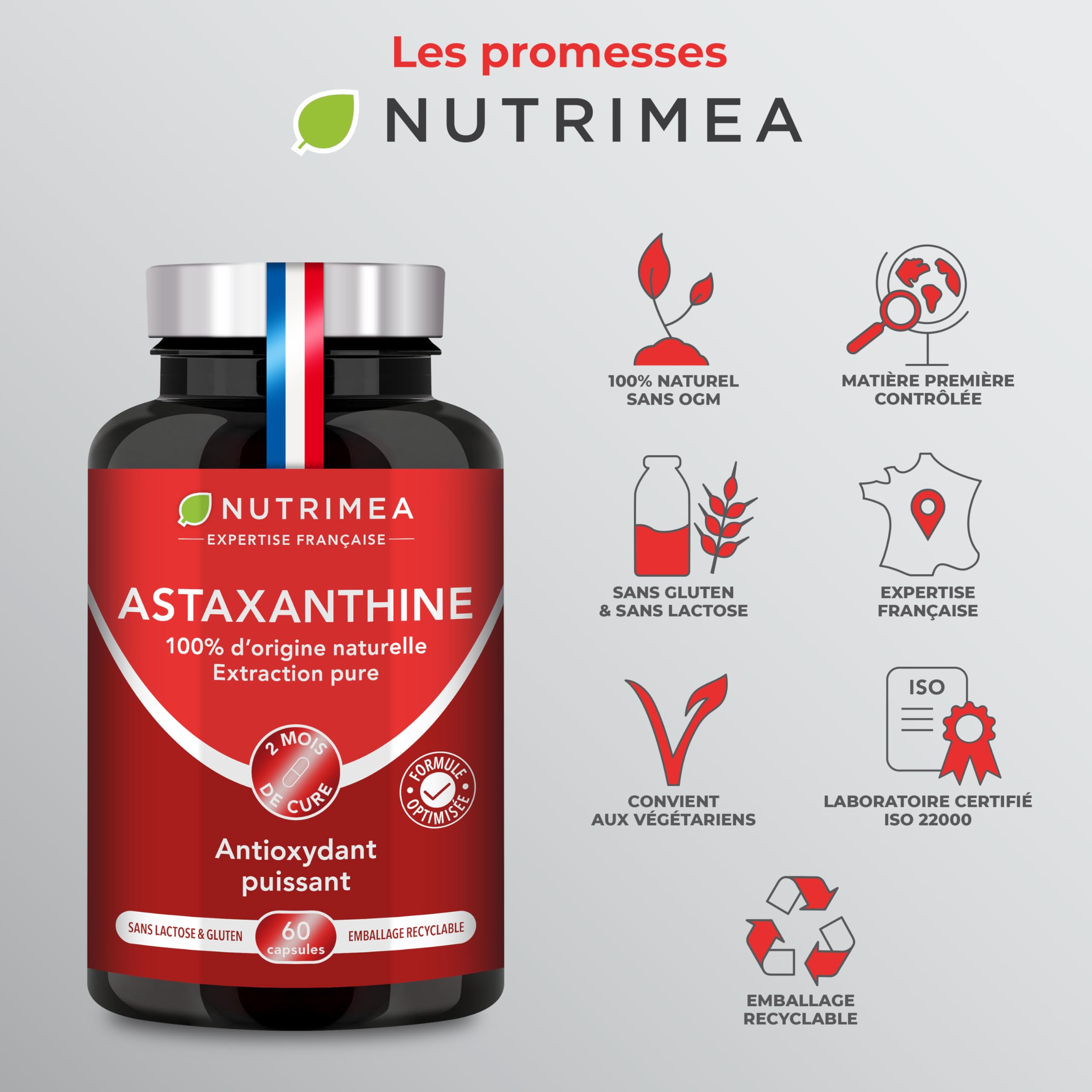Astaxanthine - Extrait de Haematococcus Pluvialis 40 mg - 100% Naturel - Vegan - Antioxydant - Formule Premium - 60 Capsules - Nutrimea - Fabriqué en France